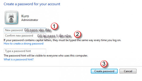Cách đặt mật khẩu cho máy tính win 7 3